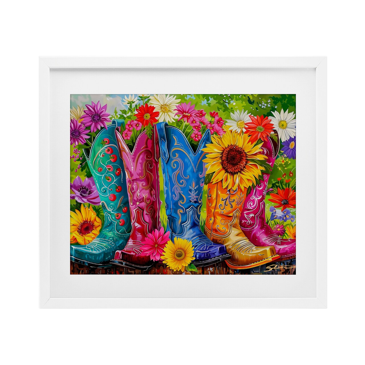 Stupell Industries Cowboy Boots and Sunflowers Framed Print Under Glass, design by Shawna Stewart